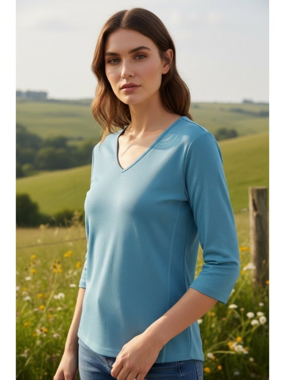 Segments Aqua Blue Tencel Modal Textured V-Neck Top 3/4 Sleeve Size L